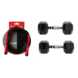 Combo 2 Mancuerna Pesas GYM Hex Encauchetada (25 lb) K6 + Cuerda para Saltar K6 Apolo III